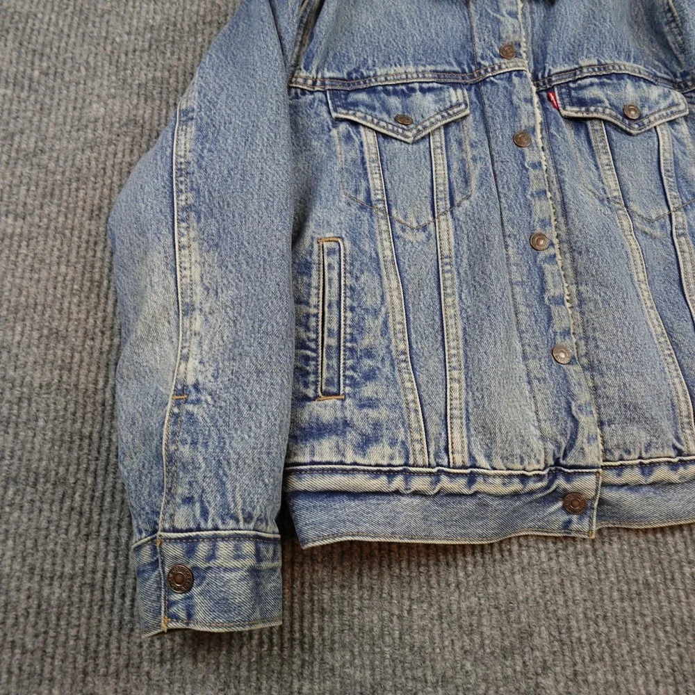 Levis Premium Denim Jacket Mens Small Blue Sherpa Lined Bomber Button Insulated